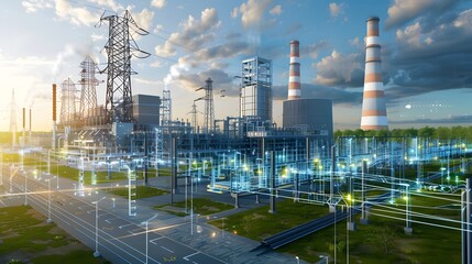 illustrate a futuristic oil refinery where distributed control systems manage multiple processes, en