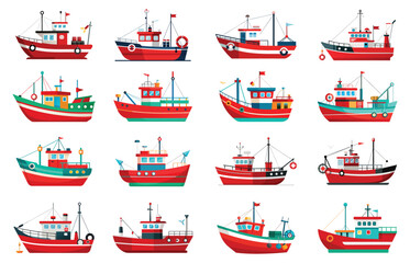 Set of fishing boat silhouette clip art vector illustration.