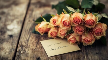 Sticker - A lovely bouquet of roses rests on a wooden table, accompanied by a handwritten note that adds a personal touch. Generative AI