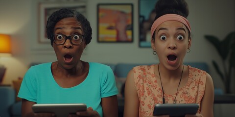 Canvas Print - Two women with shocked expressions looking at tablets.