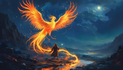 Wall Mural - Epic Scene of Wizard Summoning Phoenix Amidst Fiery Landscape Under Night Sky in Magical Fantasy Art