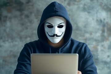 Visually striking image representing the anonymous cybersecurity concept for commercial photography  depiction of a hooded figure in a mask working on a laptop computer symbolizing digital crime