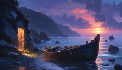 Wall Mural - Mystical Shoreline with Abandoned Boat and Illuminated Door at Dusk in an Enchanting Fantasy Landscape