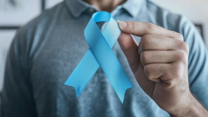 Wall Mural - A man is holding a blue ribbon in his hand