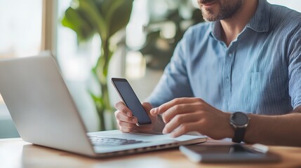 Wall Mural - A man using his phone and laptop in a workspace