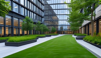 Sticker - Lush outdoor lawn scene within a modern office complex showcasing innovative generative AI design elements