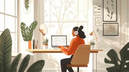 Aufkleber - A woman wearing an orange sweater sits at a desk in a bright home office filled with greenery