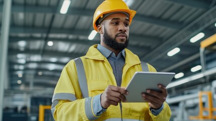 Industrial worker in a reflective jacket and hard hat using a tablet in a factory setting.