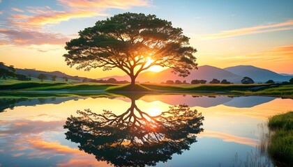 Serene sunset mountain landscape with vibrant orange and red sky reflected in crystal clear lake water