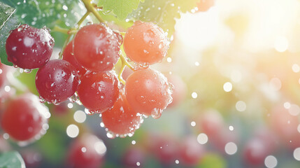 Wall Mural - branches strewn with large gooseberry berries. Red translucent ripe berries. Large drops of dew on berries and leaves. The sun's glare.