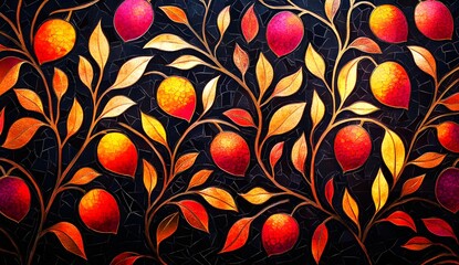 Canvas Print - Stained Glass Autumn Leaves and Fruit