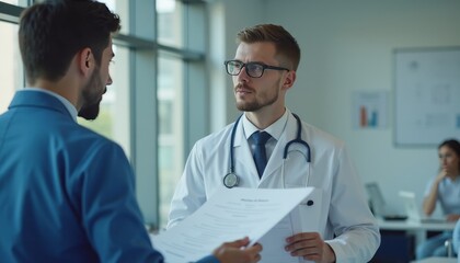 Two men in suits are talking in a room