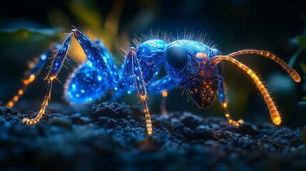 A glowing blue ant with orange accents crawls on the forest floor.