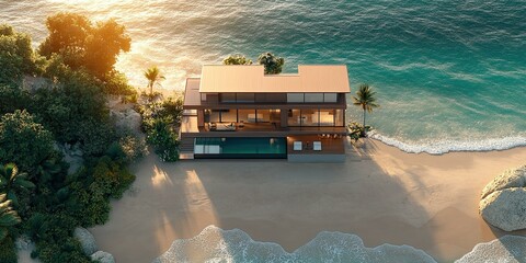 Wall Mural - top view high resolution rendering 3D of modern brown beachside modern house on a pristine beach with golden sands soft sunlight dances on the waves with clear water sea 