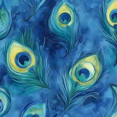 Wall Mural - Watercolor Peacock Feathers Seamless Pattern