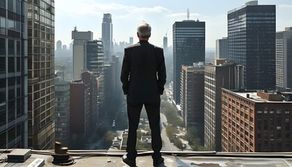 Contemplative male top manager on office rooftop gazing over expansive cityscape, blending ambition with technological innovation