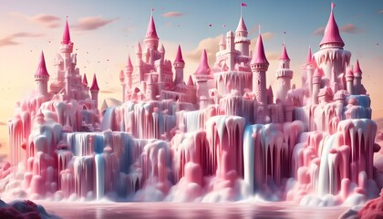 Wall Mural - Milk Waterfall Cascading Down an Intricate Ice Cream Castle in Photorealistic Detail