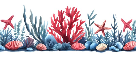 Wall Mural - Sea Life Watercolor Border