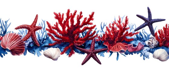 Wall Mural - Watercolor Seamless Border of Red and Blue Coral, Seashells, and Starfish