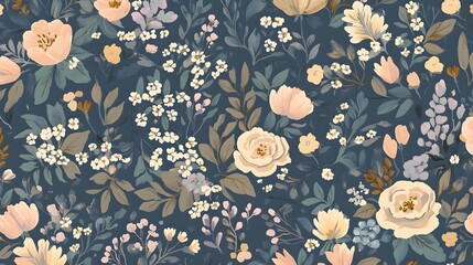 Canvas Print - Watercolor Floral Pattern on Blue Background