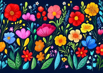 Canvas Print - Colorful Floral Pattern on Dark Blue Background