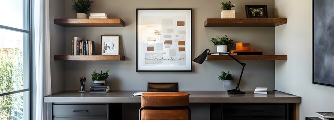 Wall Mural - 33. A sleek home office with a minimalist desk, floating shelves, and a motivational quote art