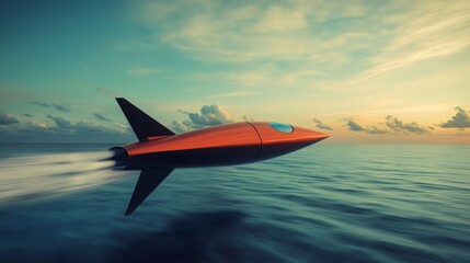 Aufkleber - A striking rocket glides effortlessly over the ocean, leaving a trail of vapor in its wake. The sun sets on the horizon, casting warm hues across the sky, while clouds gather above.