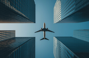 Fototapete - airplane flying over the city