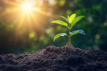 A view of a plant sprouting from a seed, showing the roots growing into the soil