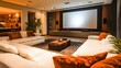 © Mr image - 14. A modern home theater with a sectional sofa, projector screen, and surround sound system
