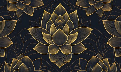 Sticker - Gold Lotus Flower Pattern on Black Background