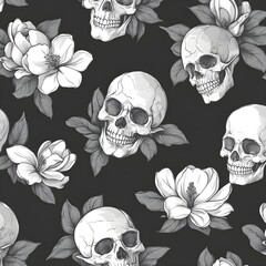 Sticker - Black and White Floral Skull Pattern