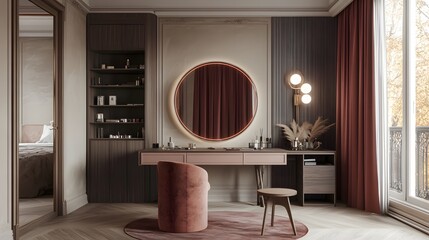 Wall Mural - 19. a vintage dressing room with a large mirror, makeup vanity, and stylish storage
