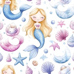 Wall Mural - Watercolor Mermaid Seamless Pattern