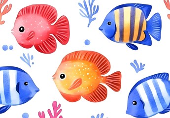 Canvas Print - Cute Watercolor Fish Seamless Pattern