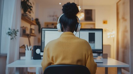 Poster - A person wearing headphones is deeply engaged in work at their desk, illuminated by warm light in a cozy workspace. Decorative elements add to the inviting atmosphere.