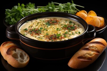 Wall Mural - Garlic soup covered with choutons in black bowl isolated in the white background, generative IA