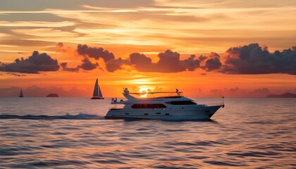 Serene sunset over ocean with sailboat against vibrant orange sky