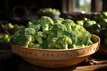 Wall Mural - Fresh broccoli in a wooden bowl. View of the top., generative IA