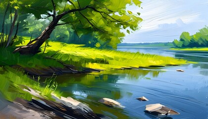 Wall Mural - artful illustration of green riverside landscape in expressive painting style with textured brush strokes