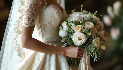 Elegant bridal bouquet held by stunning bride in beautiful gown, capturing the essence of a romantic wedding ceremony