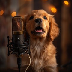 Close-up of golden retriever puppy with open mouth in front of microphone, evoking a humorous and warm vibe, great for joyful and pet-themed concepts.
