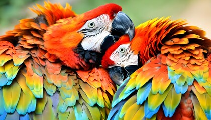 Passionate embrace of golden and blue macaw couple in a tender kiss