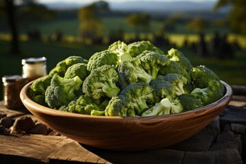 Wall Mural - A bowl of fresh raw broccoli ready to cook served on a wooden bottom., generative IA