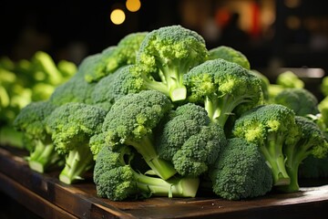 Vegetable of fresh green broccoli from upper view in colorful background. Brocco, generative IA