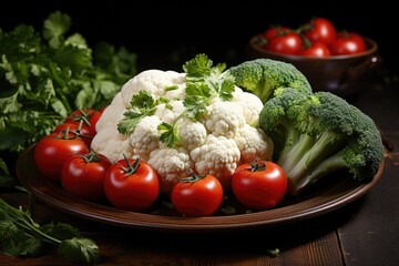 Wall Mural - Front view of broccoli and cauliflower on the plate of tomato oil in dark backgr, generative IA