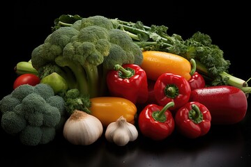 Wall Mural - Side view of ripe fresh vegetables colored pepper tomato garlic broccoli and gre, generative IA