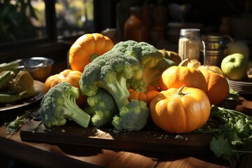 Wall Mural - Superior view of organic pumpkin with broccoli on the table, generative IA