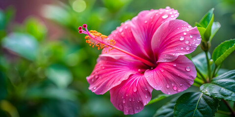 Close-up of a vibrant pink hibiscus flower with dewdrops in a summer garden setting, hibiscus, flower, pink, vibrant, dewdrops