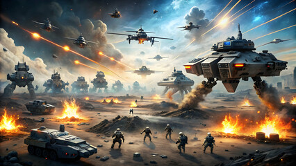 Futuristic battlefield with advanced technology and intense battles, futuristic, battlefield, future, battle, technology, warfare